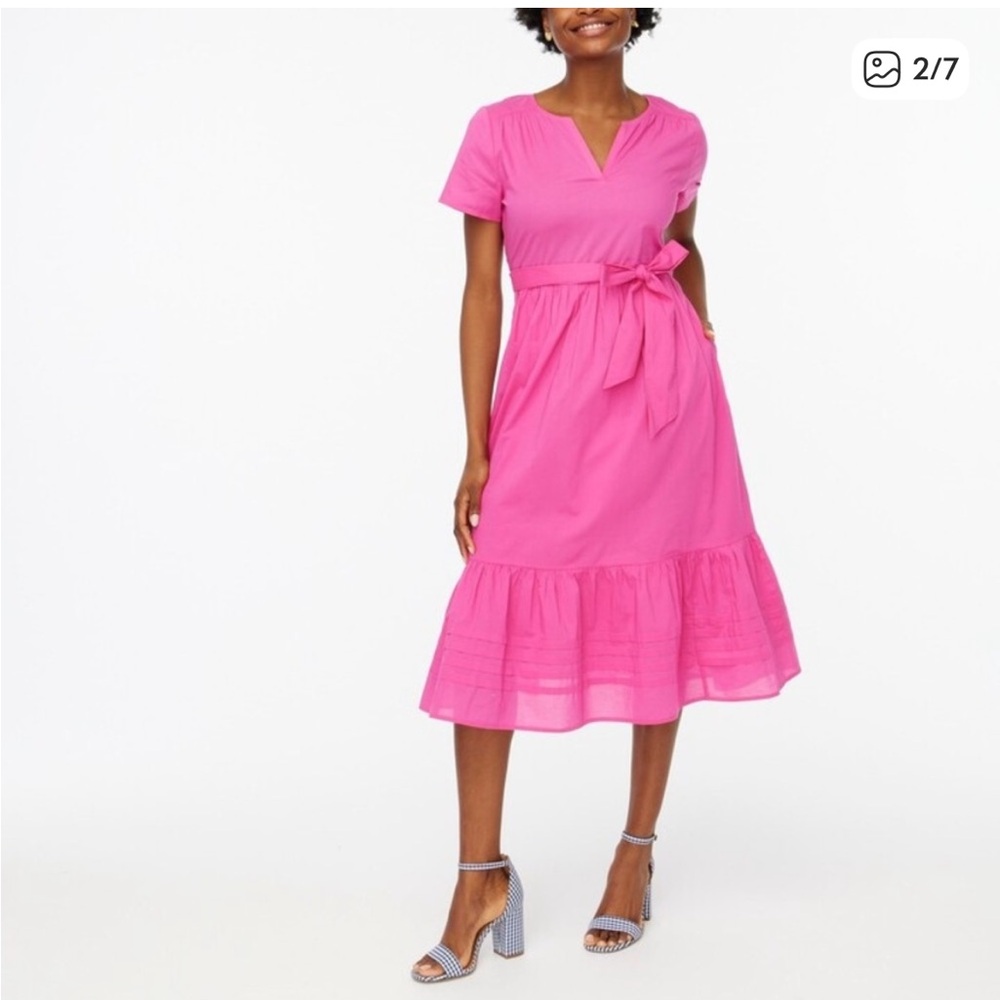 J. Crew Cotton Tie Waist Tiered Midi Dress - Hot Pink